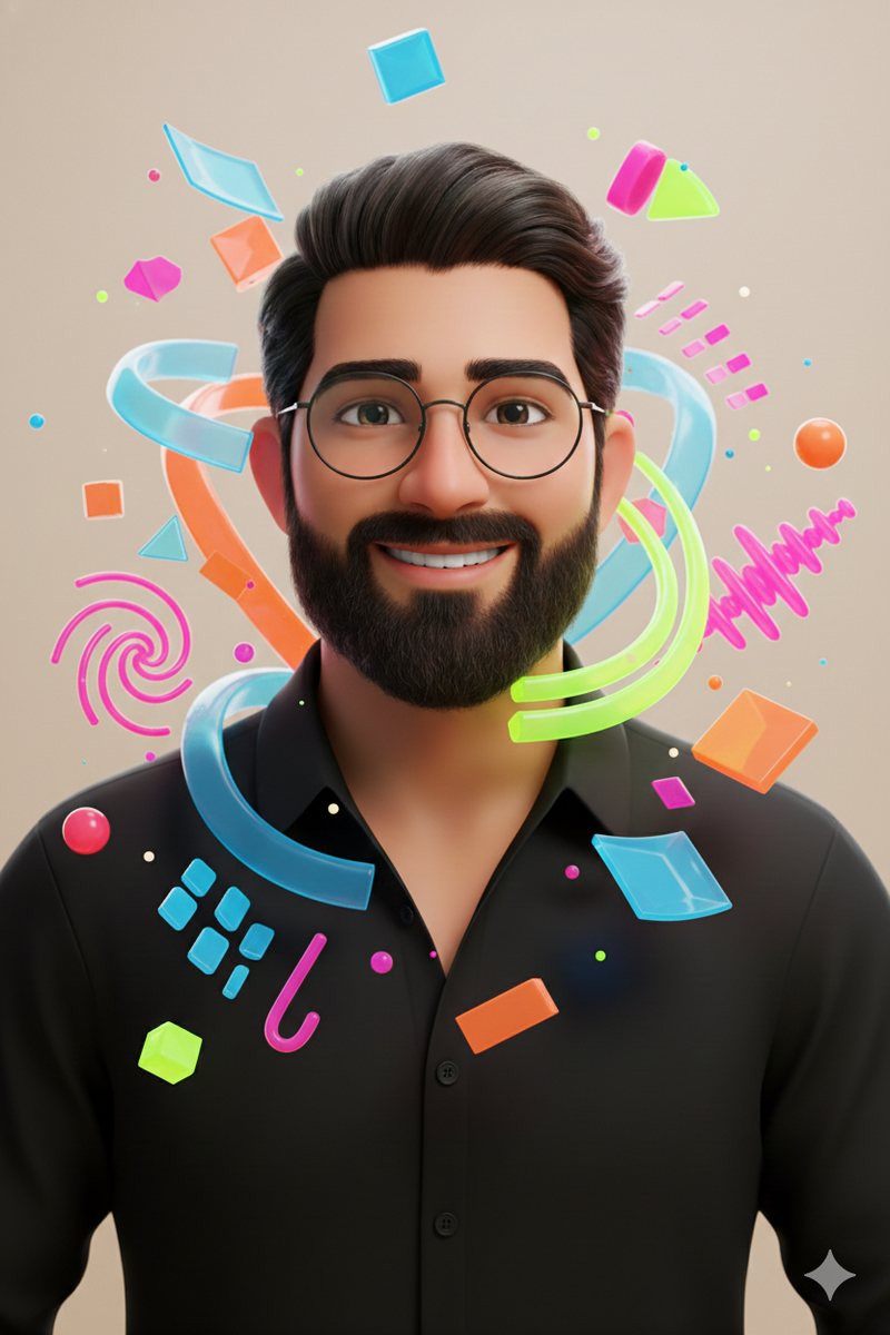 3D illustrated portrait of Ansh in a black shirt, surrounded by colourful shapes