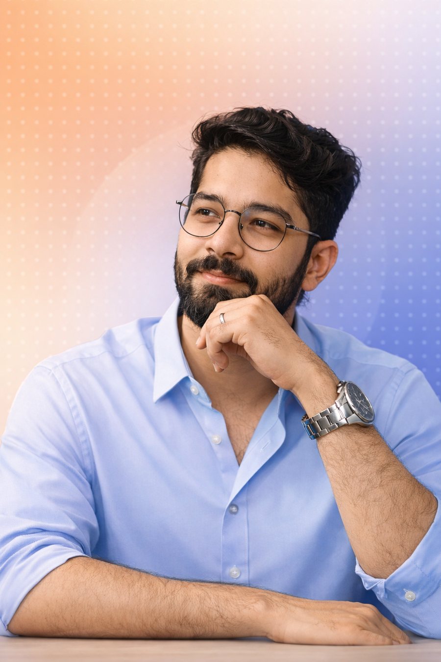 Ansh Tandon, smiling, hand on chin, in a light blue shirt