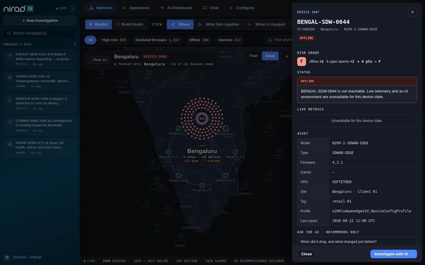 Nirad AI V2 prototype: Open a device. Risk grade, status and an AI prompt that only recommends.