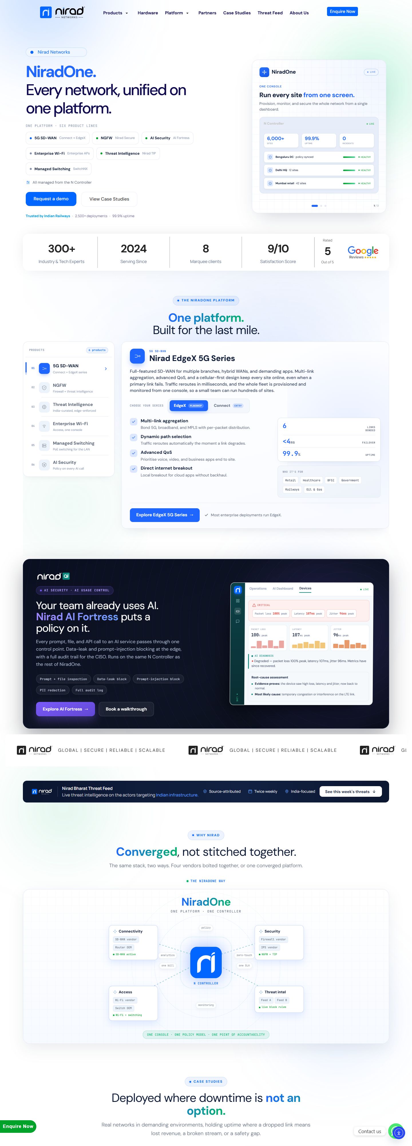 Screenshot of the niradnetworks.com homepage on desktop: the NiradOne headline 'Every network, unified on one platform', the six product lines, the N Controller dashboard card and the platform and AI Fortress sections below