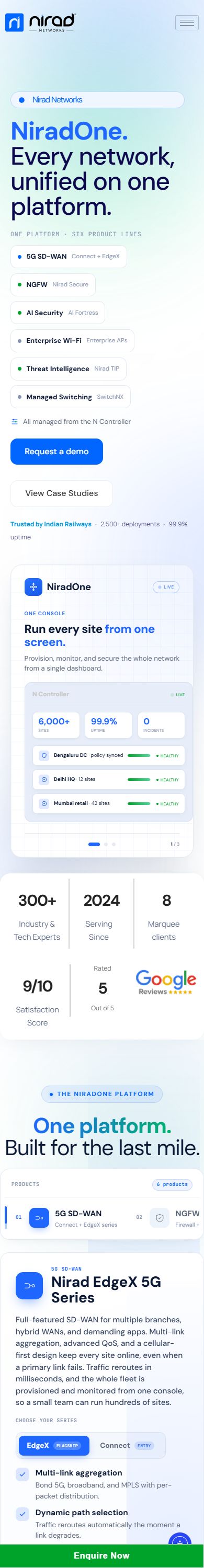 Screenshot of the niradnetworks.com homepage on a phone: the NiradOne headline, the list of product lines, the request a demo button and the N Controller dashboard card