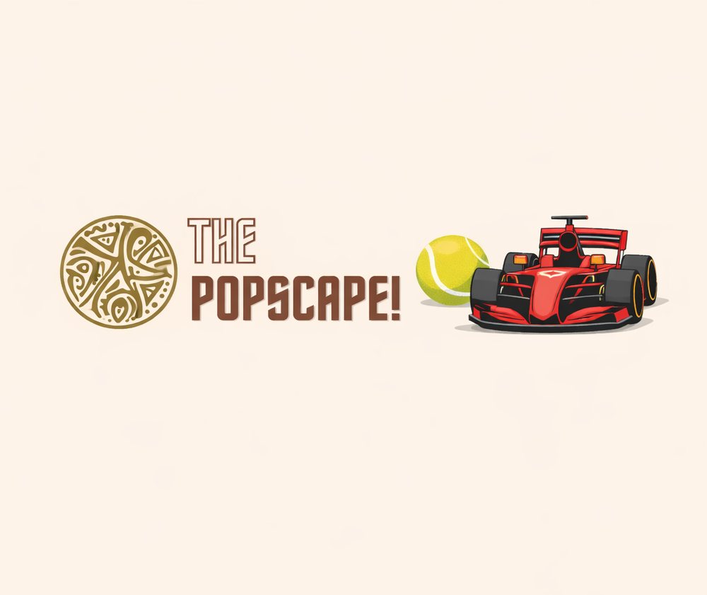 The Popscape poster brand logo beside a tennis ball and a Formula 1 car