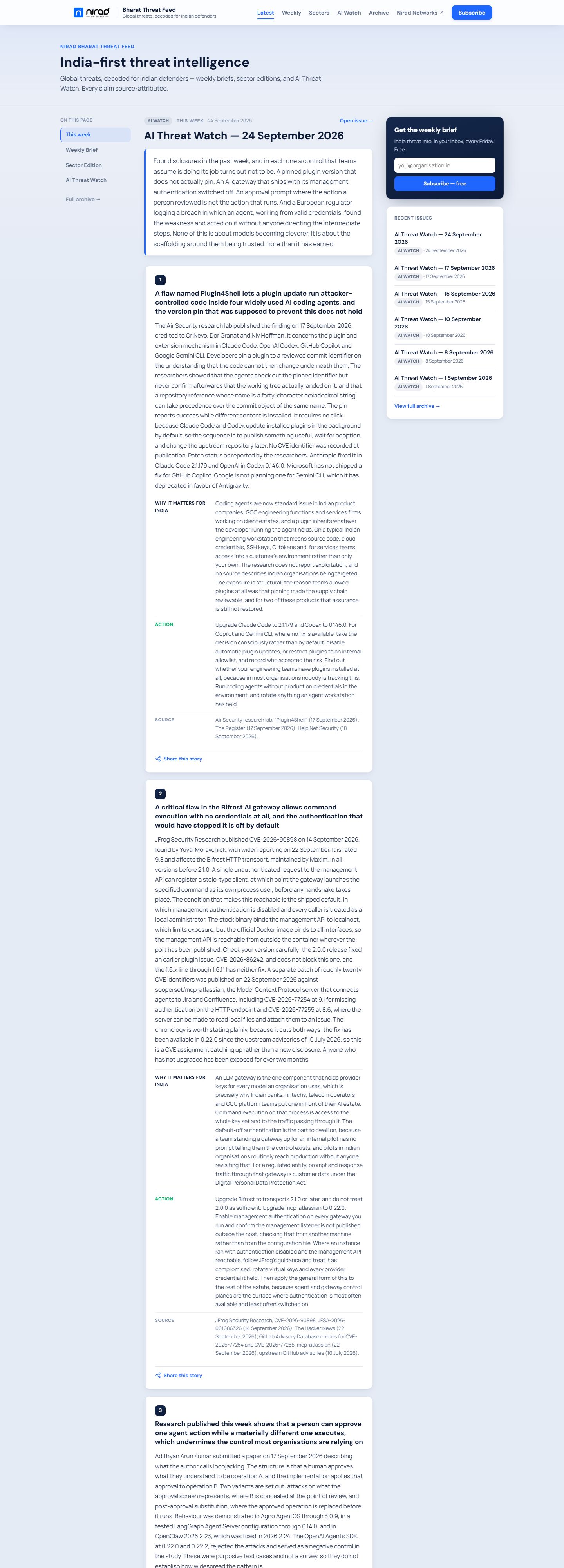 Screenshot of the Nirad Bharat Threat Feed homepage on desktop: the India-first threat intelligence header, the AI Threat Watch issue for 24 September 2026 with its numbered stories, the section navigation and the weekly brief signup box